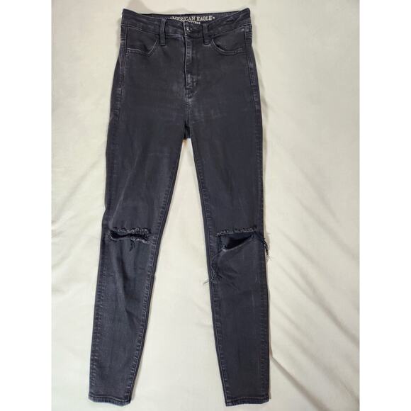 Sz 4 American Eagle Jeans Black Super High Rise Jeggings Distressed Knees Womens - Picture 2 of 8